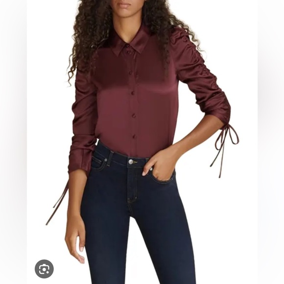 Veronica Beard Lillian Silk Rouched Red Wine Blouse 0 - Picture 2 of 6